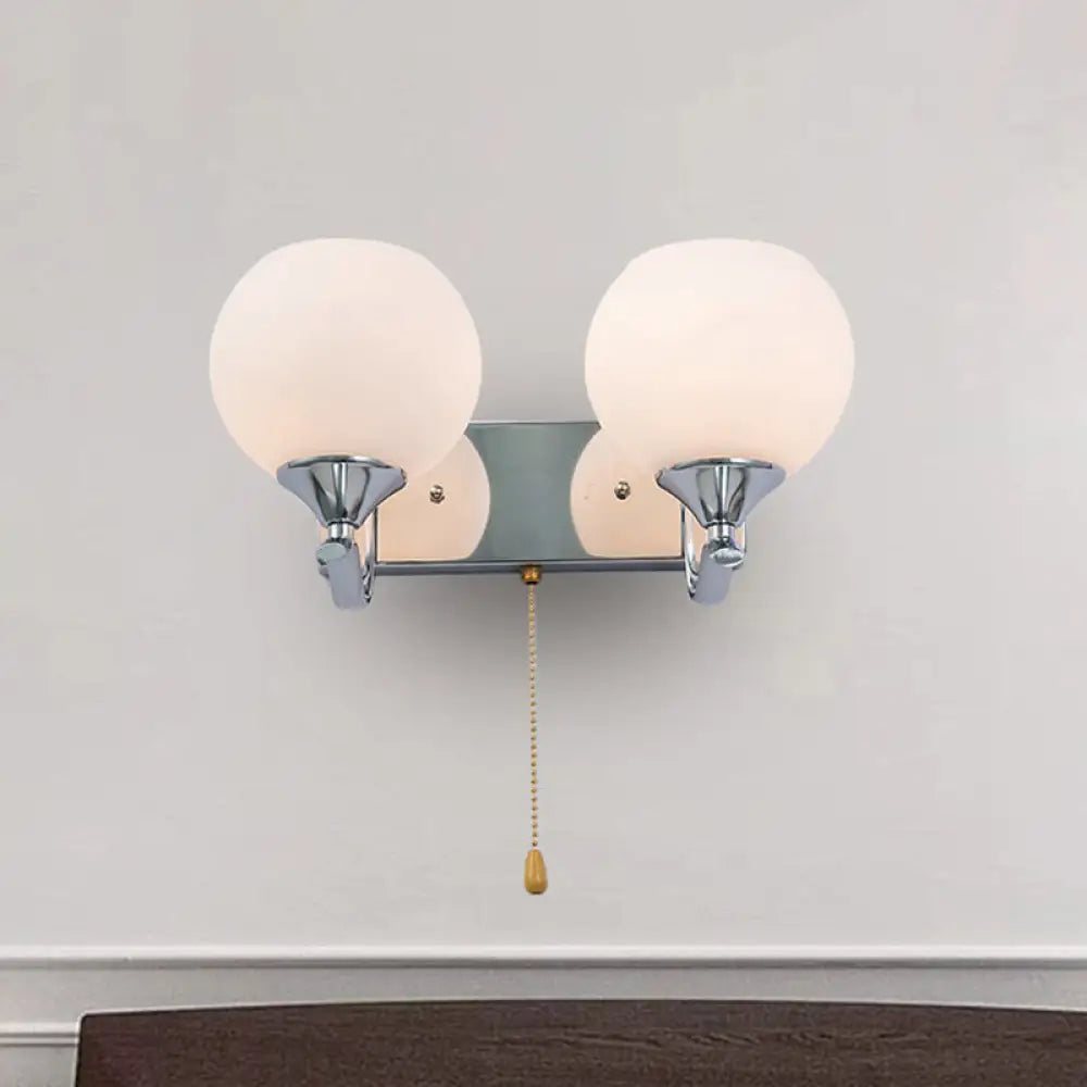 Modern Cream Glass 2-Head Wall Mount Light Fixture With Pull Chain - Chrome Lamp