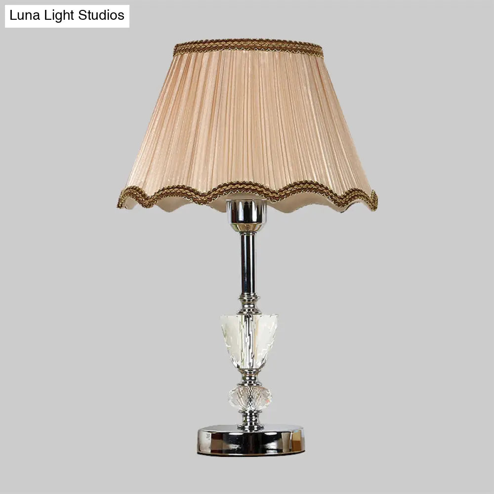 Modern Crystal 1-Light Beige Table Lamp With Gathered Empire Shade