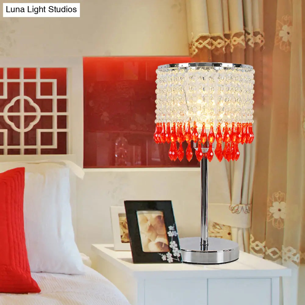 Modern Crystal Beaded Table Lamp - Red/Pink/Purple Tassel Design Single-Bulb Nightstand Light For