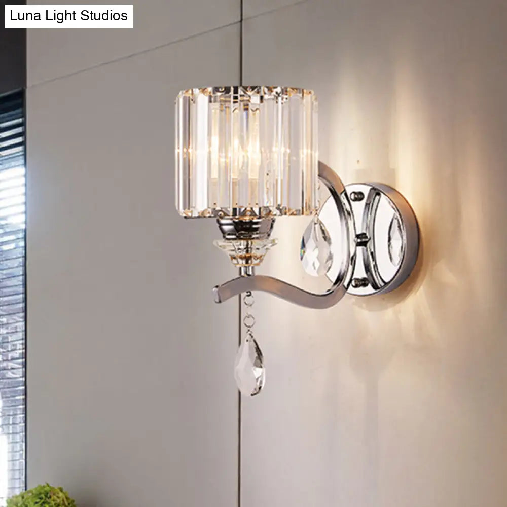Modern Crystal Block Cylinder Wall Sconce In Chrome - Bedroom Light Fixture