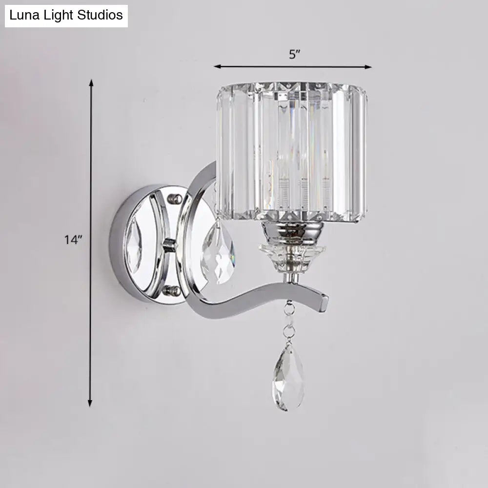 Modern Crystal Block Cylinder Wall Sconce In Chrome - Bedroom Light Fixture