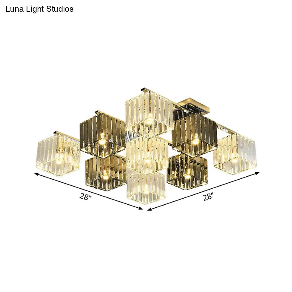 Modern Crystal Cube Flush Ceiling Lamp | Polished Chrome 4/6/9 Lights