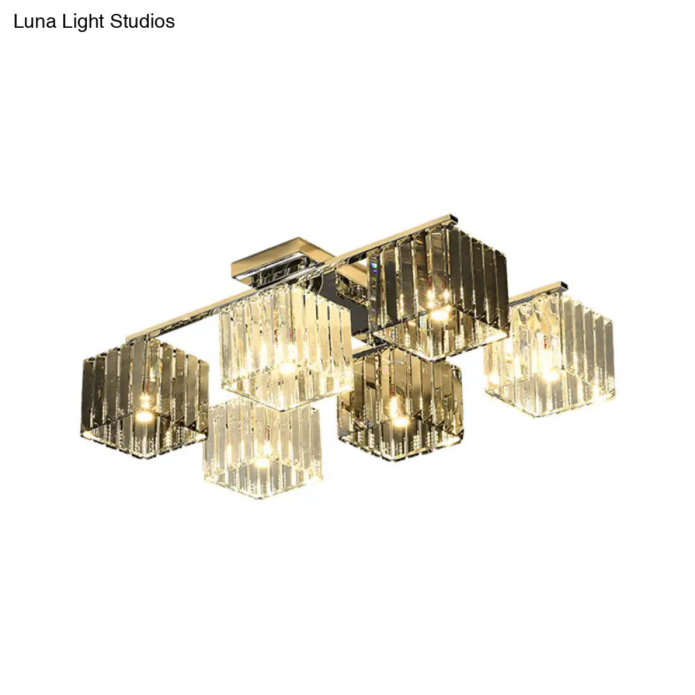Modern Crystal Cube Flush Ceiling Lamp | Polished Chrome 4/6/9 Lights