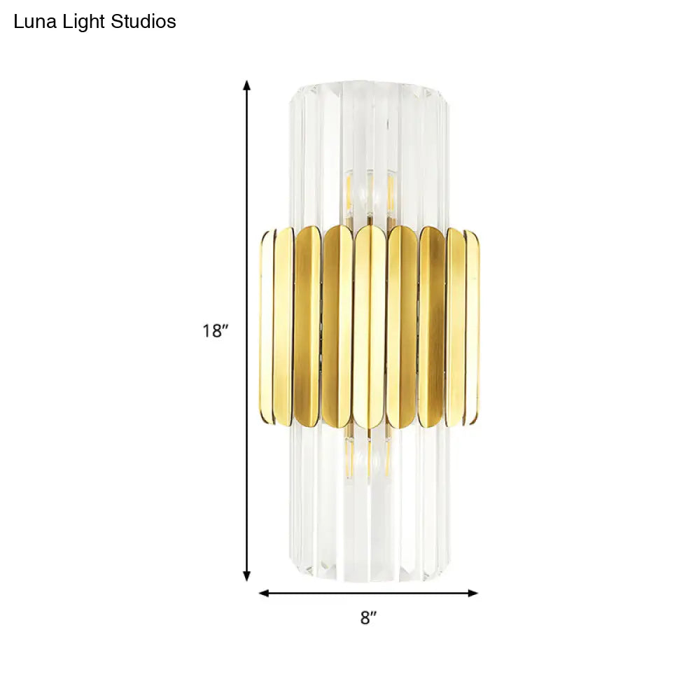 Modern Crystal Cylinder Wall Mount Lamp With 2 Gold Heads - Bedroom Lighting Fixture