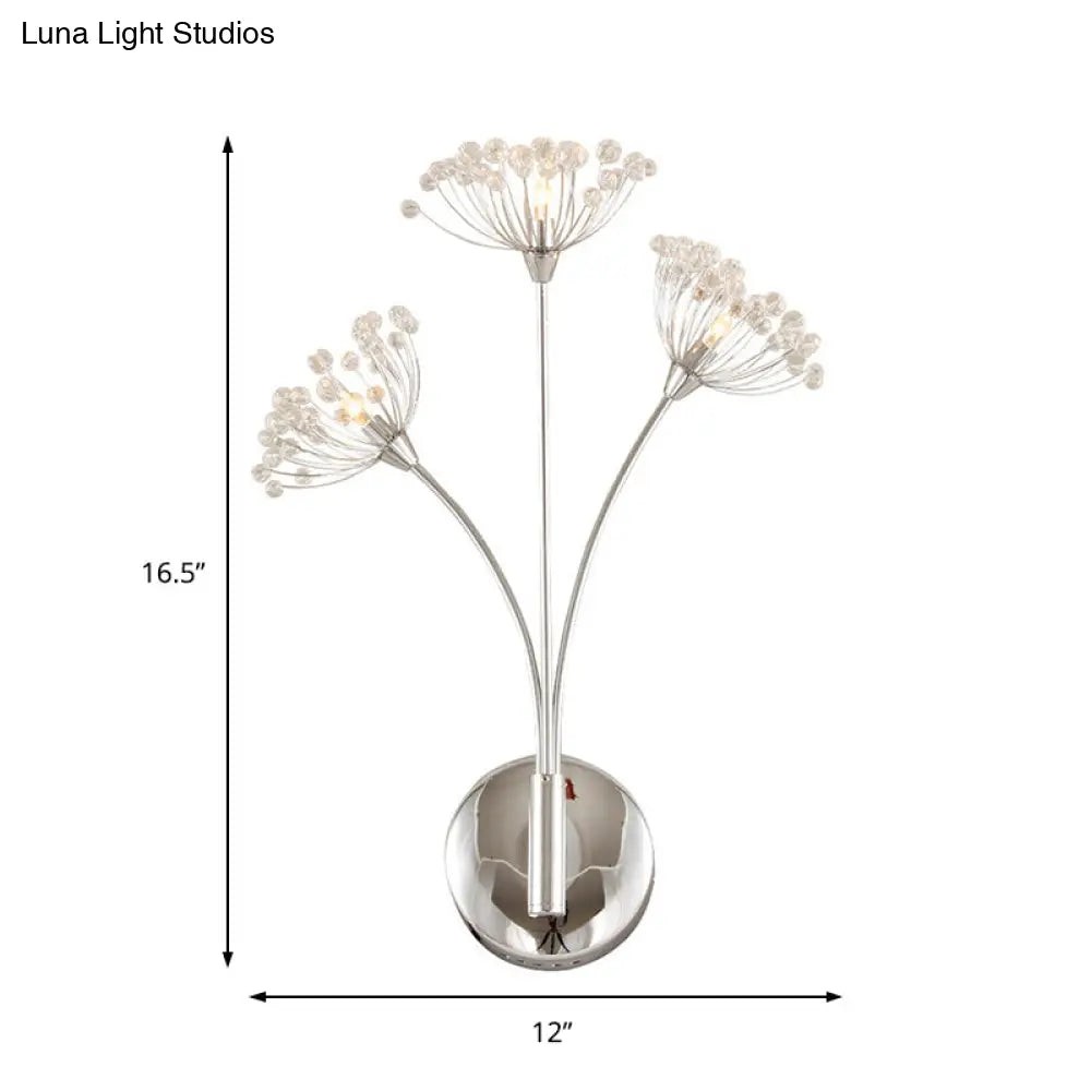 Modern Crystal Dandelion Wall Sconce Light - 3 Lights Silver Perfect For Office Room