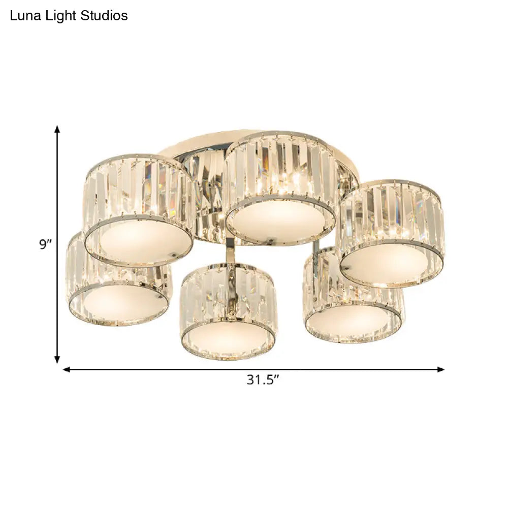Modern Crystal Drum Shade Ceiling Mount Fixture - 5/6 Heads Clear Living Room Lamp