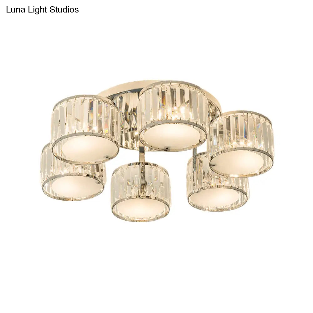 Modern Crystal Drum Shade Ceiling Mount Fixture - 5/6 Heads Clear Living Room Lamp