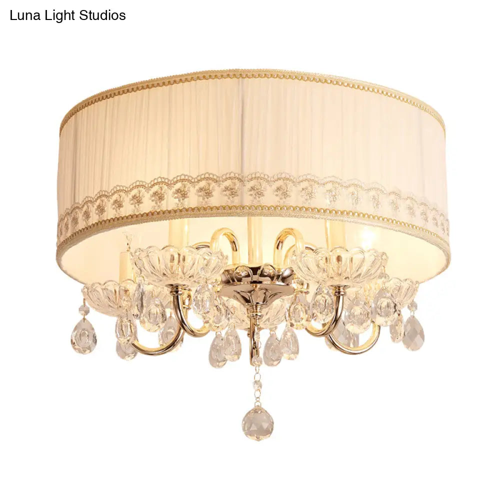 Modern Crystal Flush Light Fixture - White Candle With 5 Heads Fabric Shade & Ceiling Mounted Design