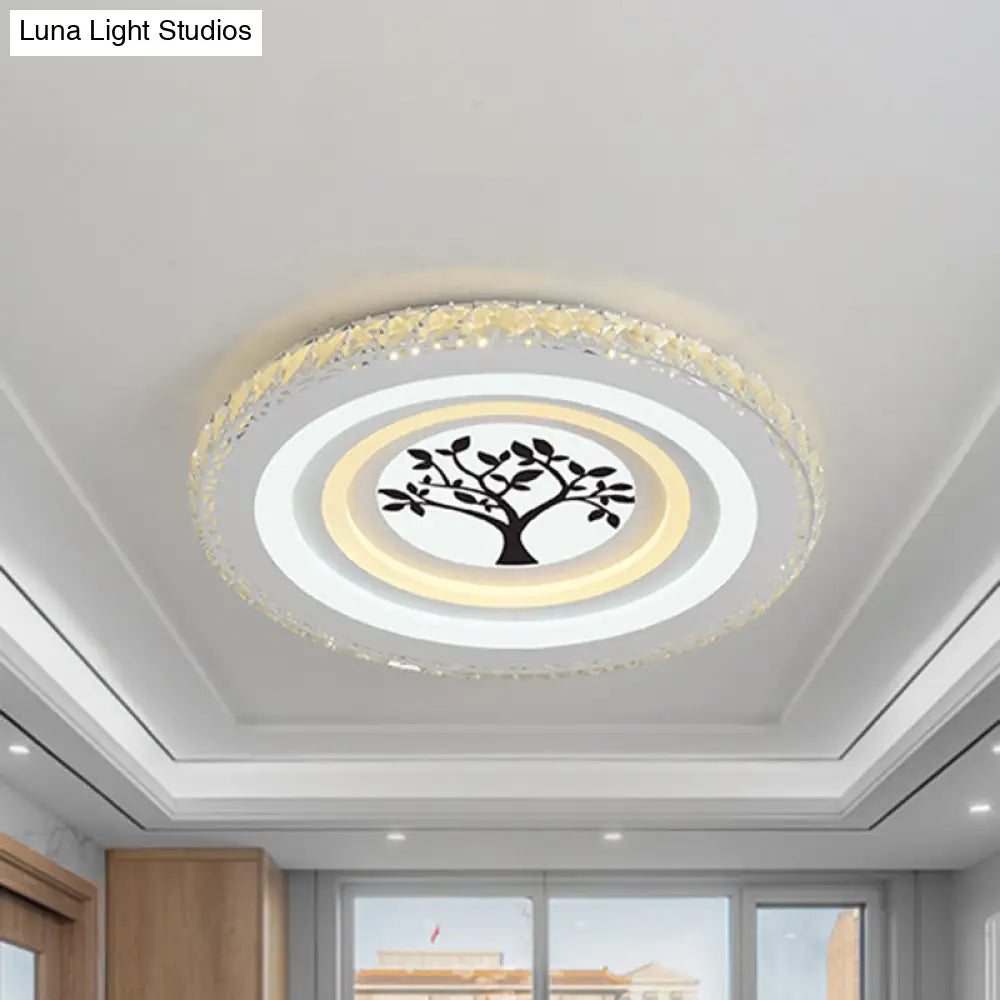 Modern Crystal Led Ceiling Light For Dining Rooms - Round Design Flush Mount White Finish