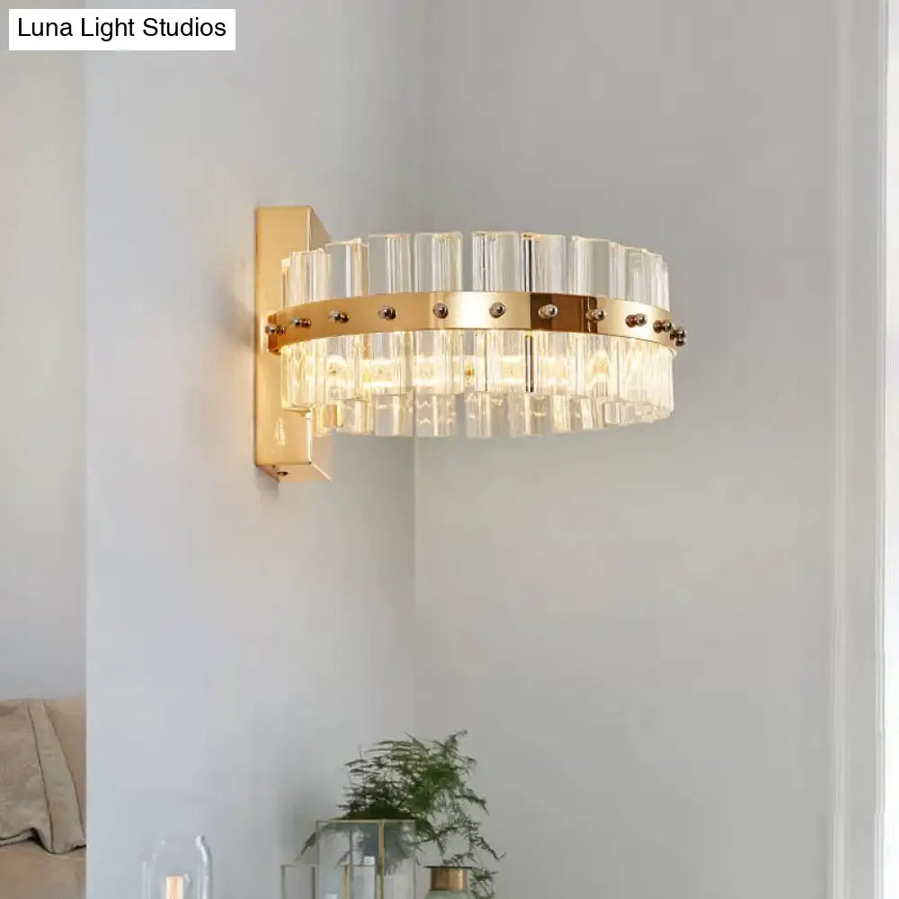 Modern Crystal Prism Drum Wall Sconce Light With Led Flush Mount Gold Finish