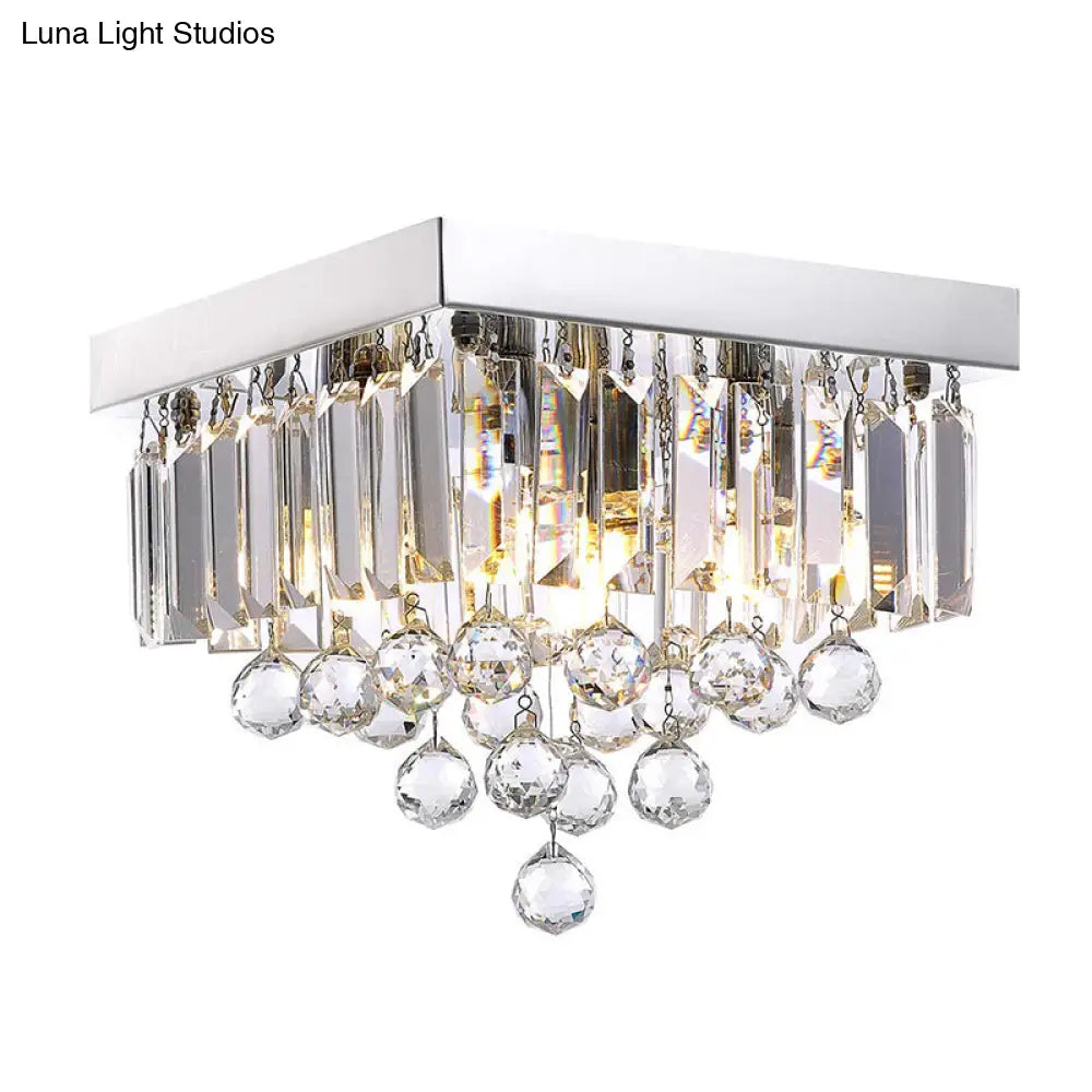 Modern Crystal Prism Flush Ceiling Light With 4 Bulbs & Square Chrome Canopy For Bedrooms