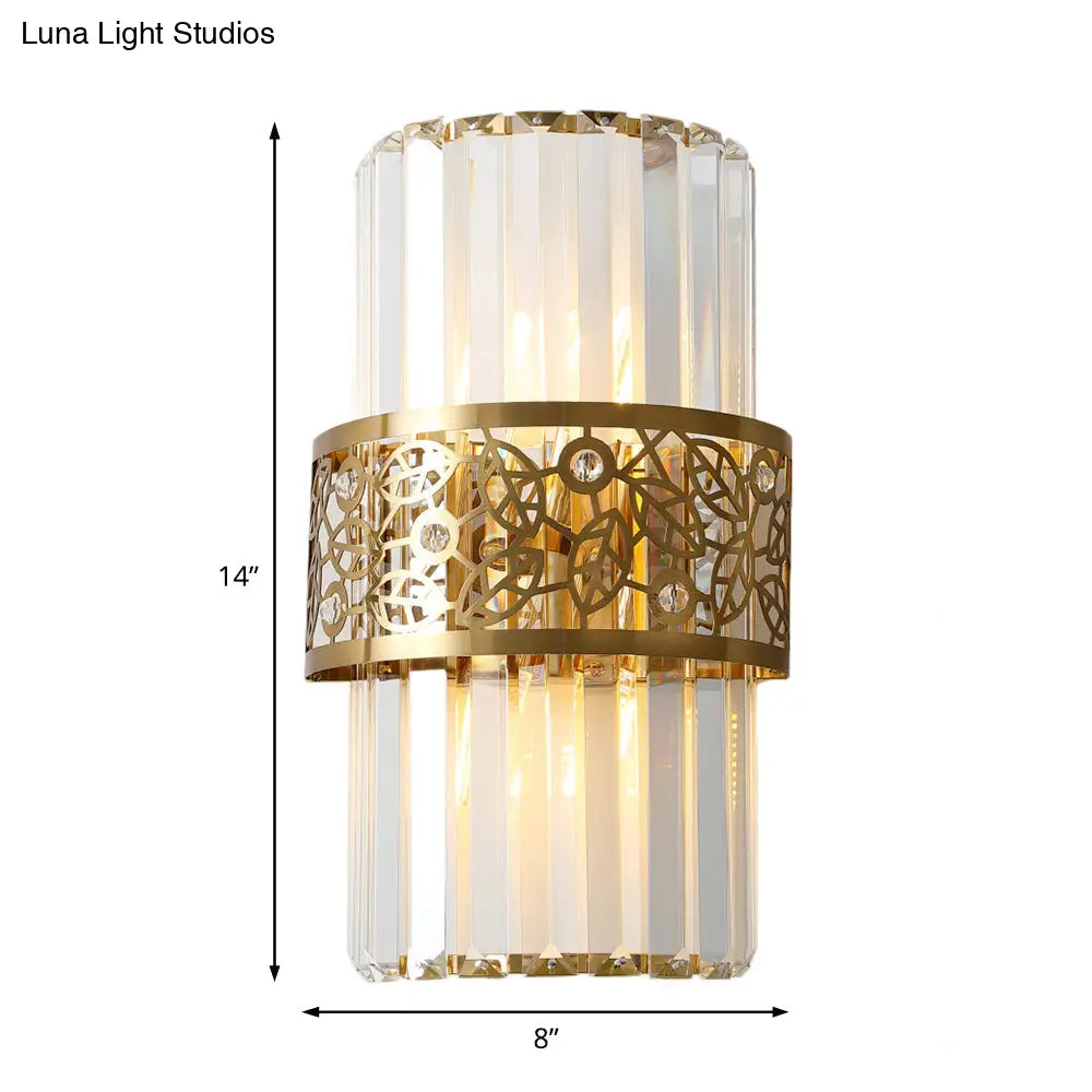 Modern Crystal Rectangle Wall Light With Brass Hollow Belt - 2 Lights Study Room Sconce