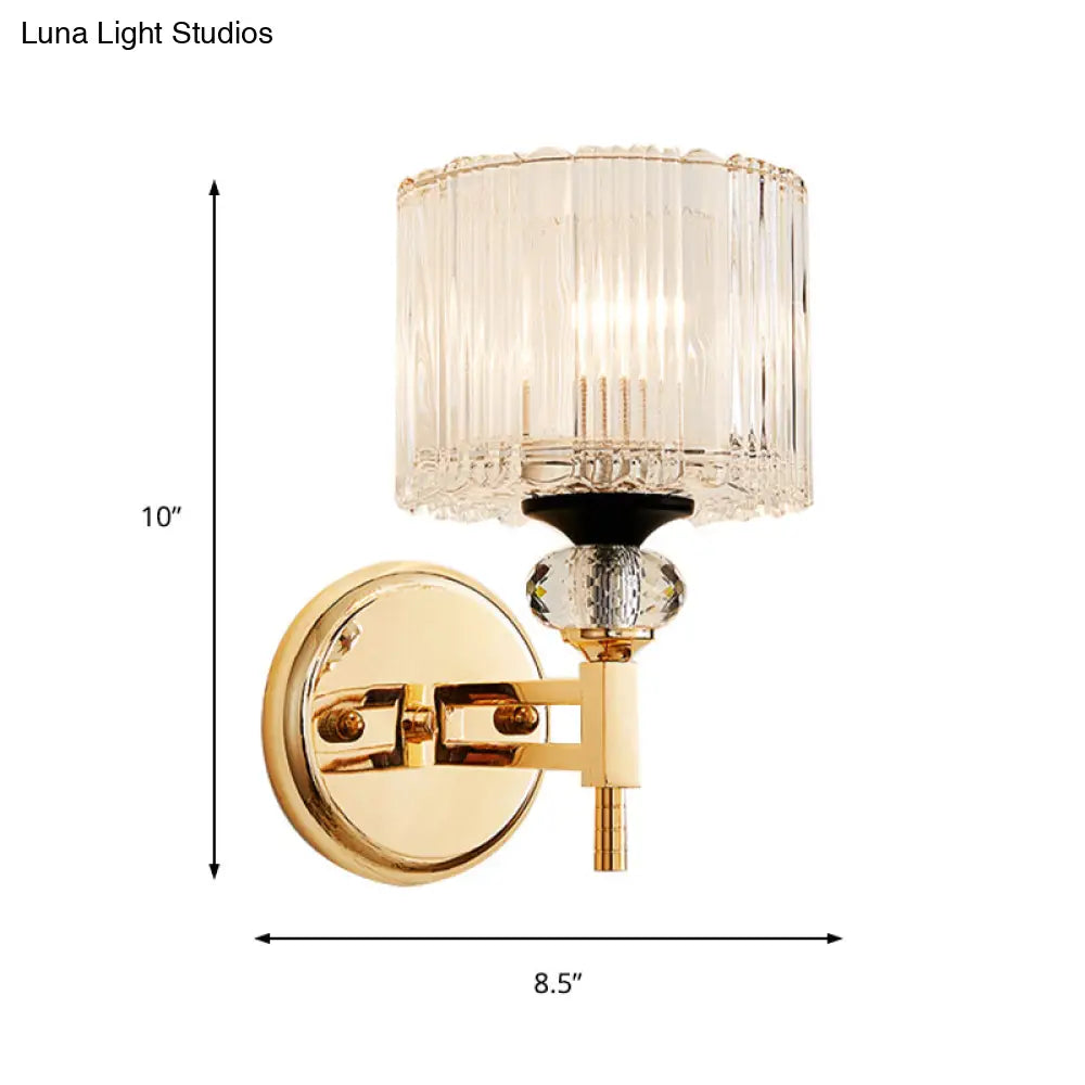Modern Crystal Shade Wall Light: 1-Light Gold Cylinder Sconce Fixture