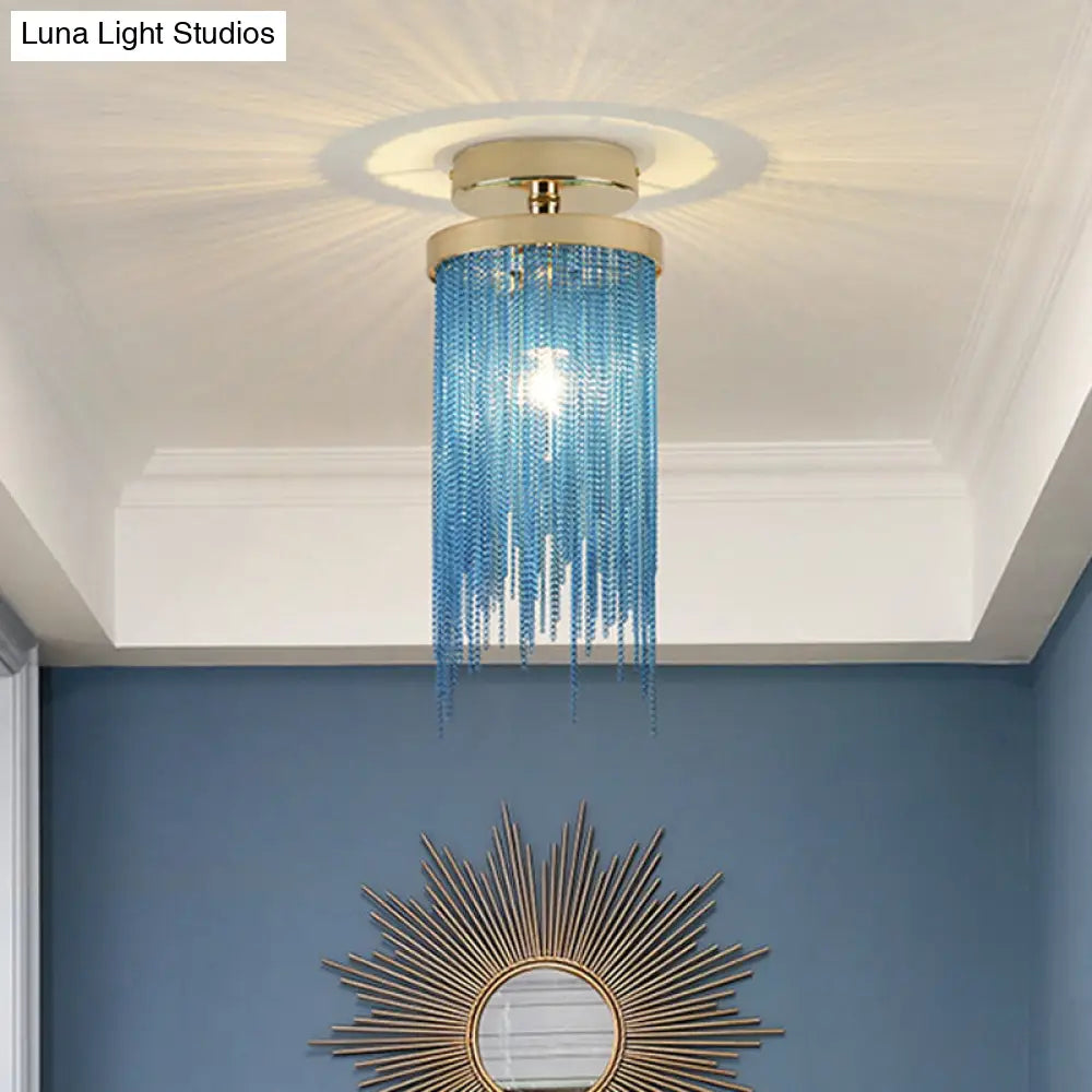 Modern Crystal Strand Semi Flush Ceiling Light - 1 Blue/Green/Chrome