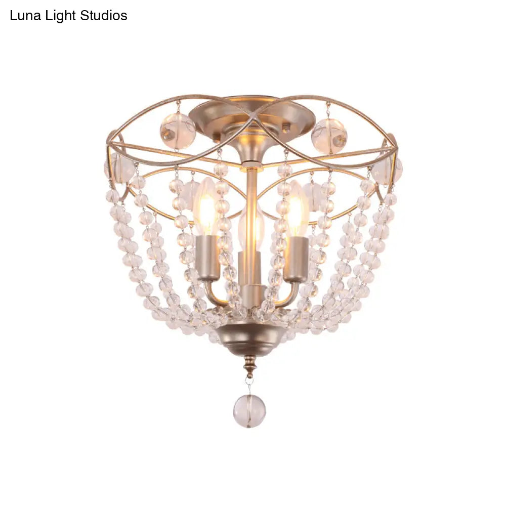Modern Crystal Strand Semi Flush Mount Light With 3 Silver Ceiling Lights