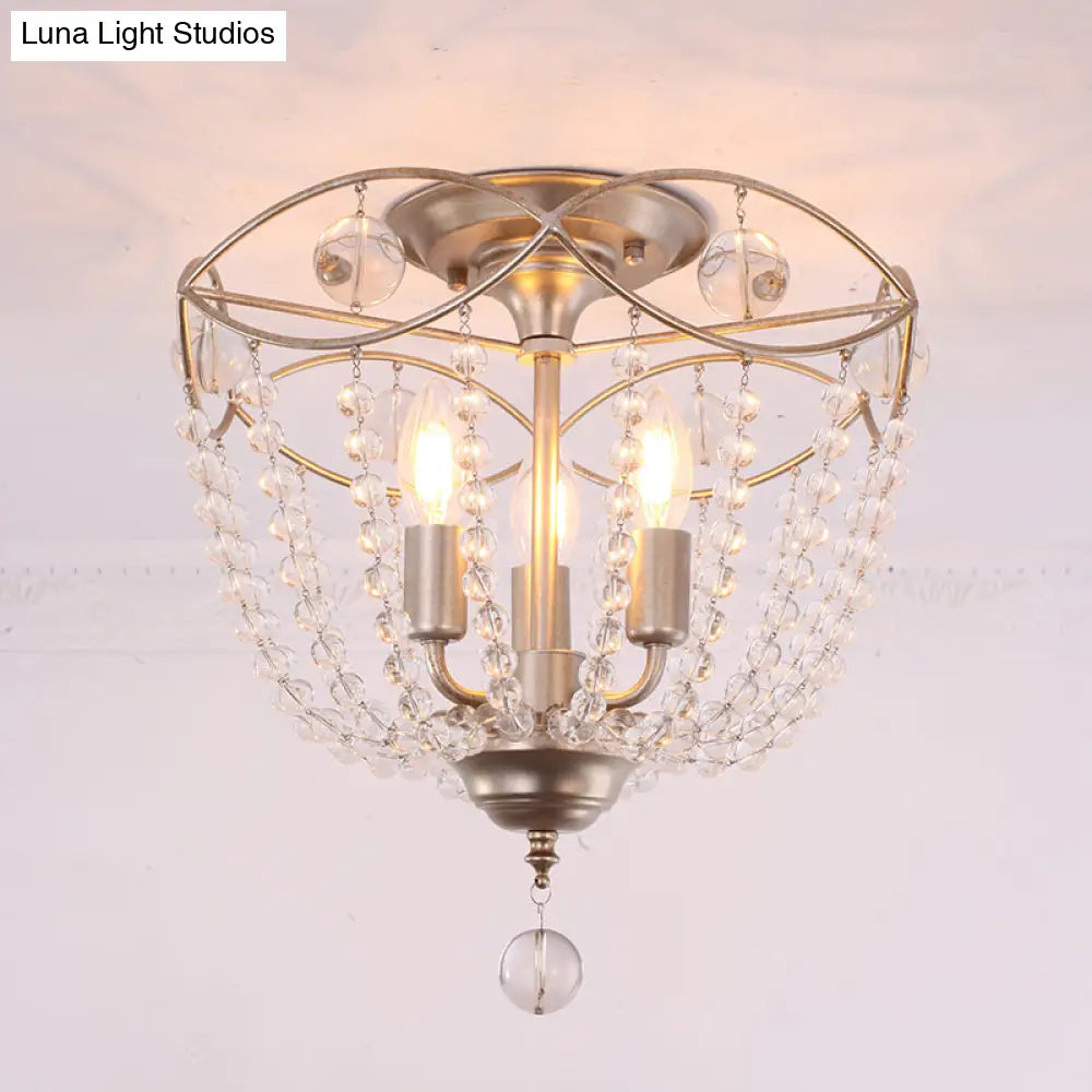 Modern Crystal Strand Semi Flush Mount Light With 3 Silver Ceiling Lights