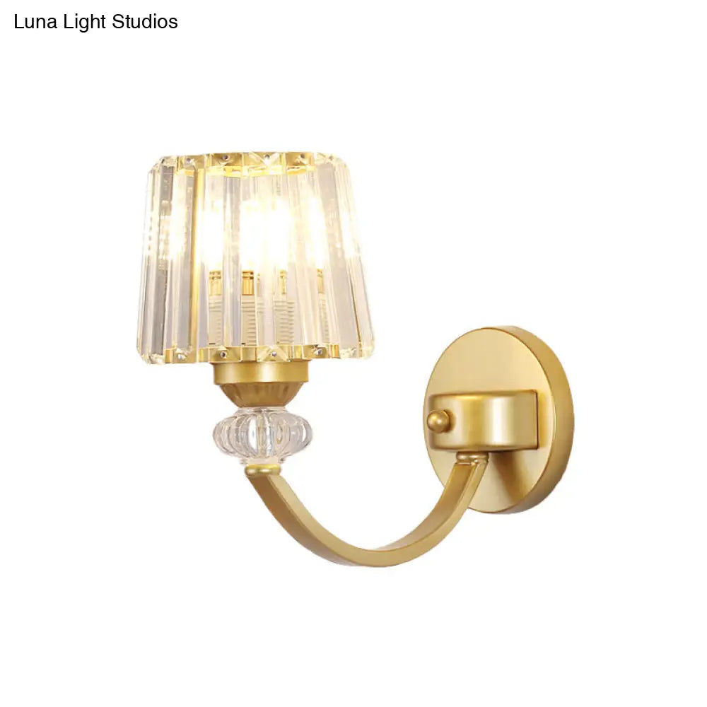 Modern Crystal Wall Lamp: Clear Barrel With Curved Arm In Black/Gold - 1/2-Light Mounted Lighting