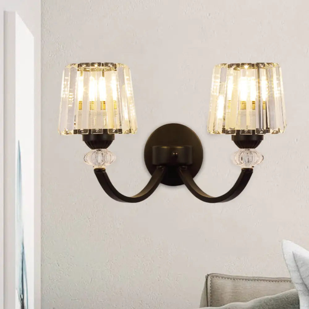 Modern Crystal Wall Lamp: Clear Barrel With Curved Arm In Black/Gold - 1/2-Light Mounted Lighting 2