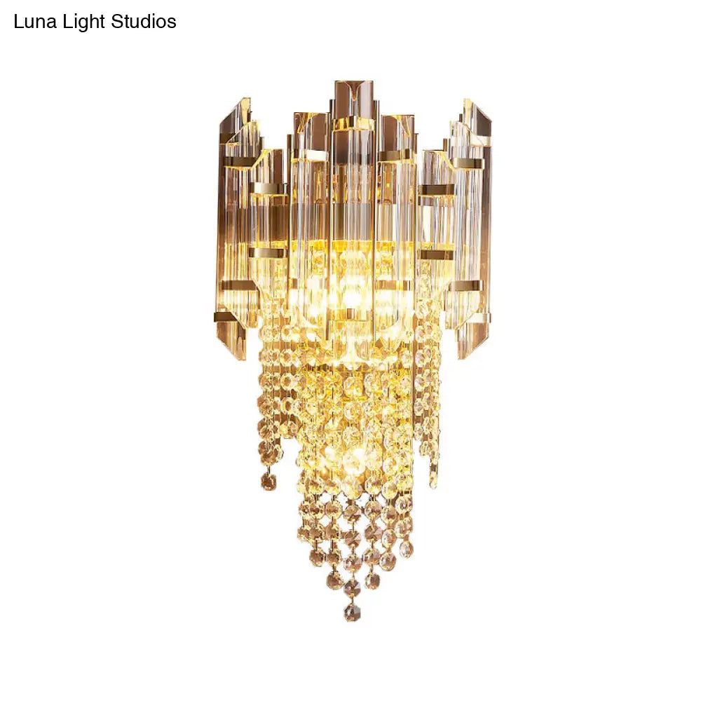 Modern Crystal Wall Sconce - Gold Tiered Mounted Lamp With 1 Bulb For Bedside