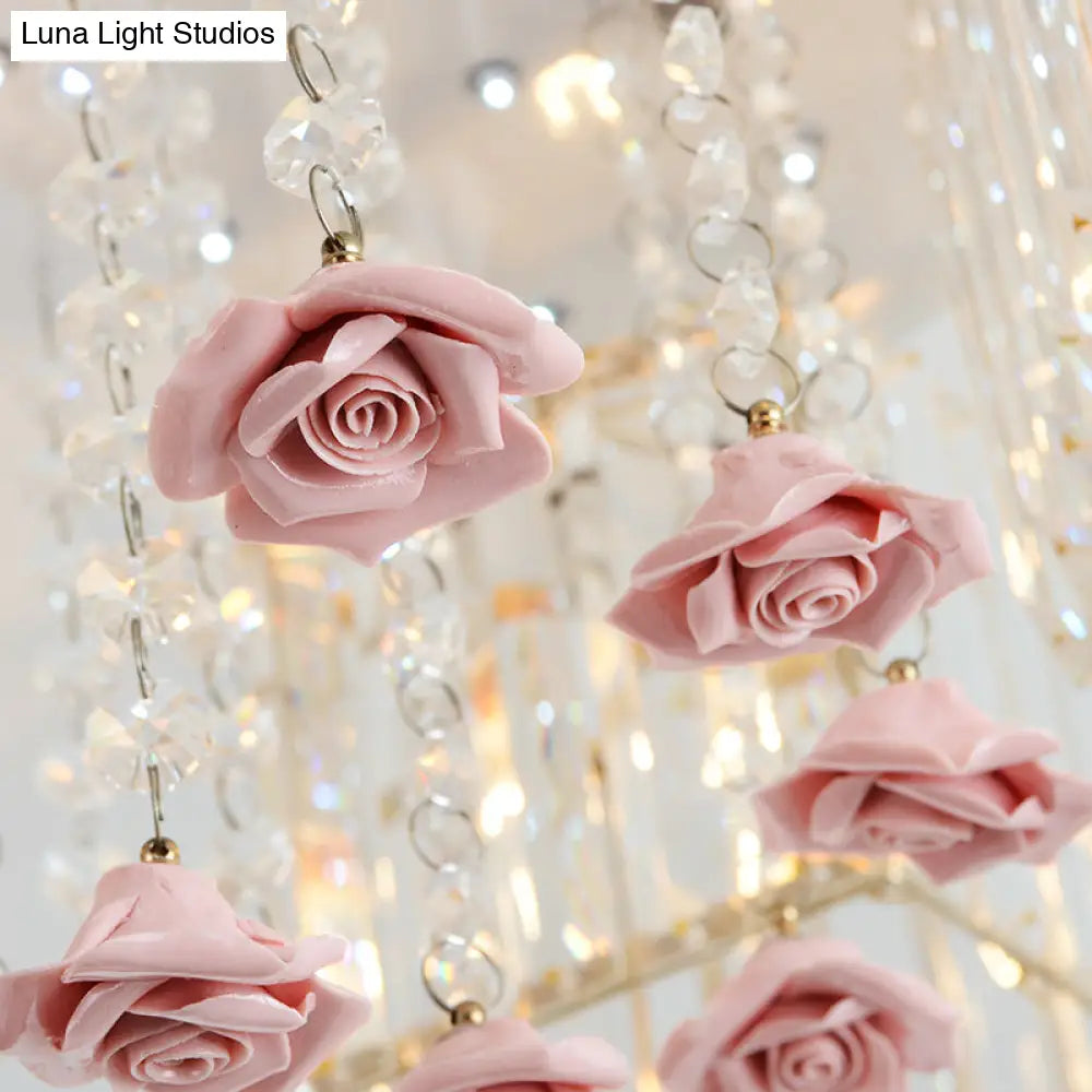 Modern Cubic Flush Mount Crystal Ceiling Light With Pink Rose Draping - 19.5’/23.5’ Dia 5/6