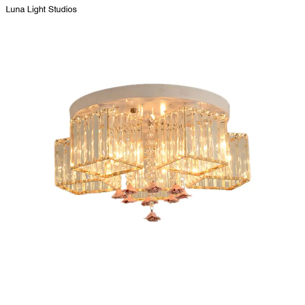 Modern Cubic Flush Mount Crystal Ceiling Light With Pink Rose Draping - 19.5’/23.5’ Dia 5/6