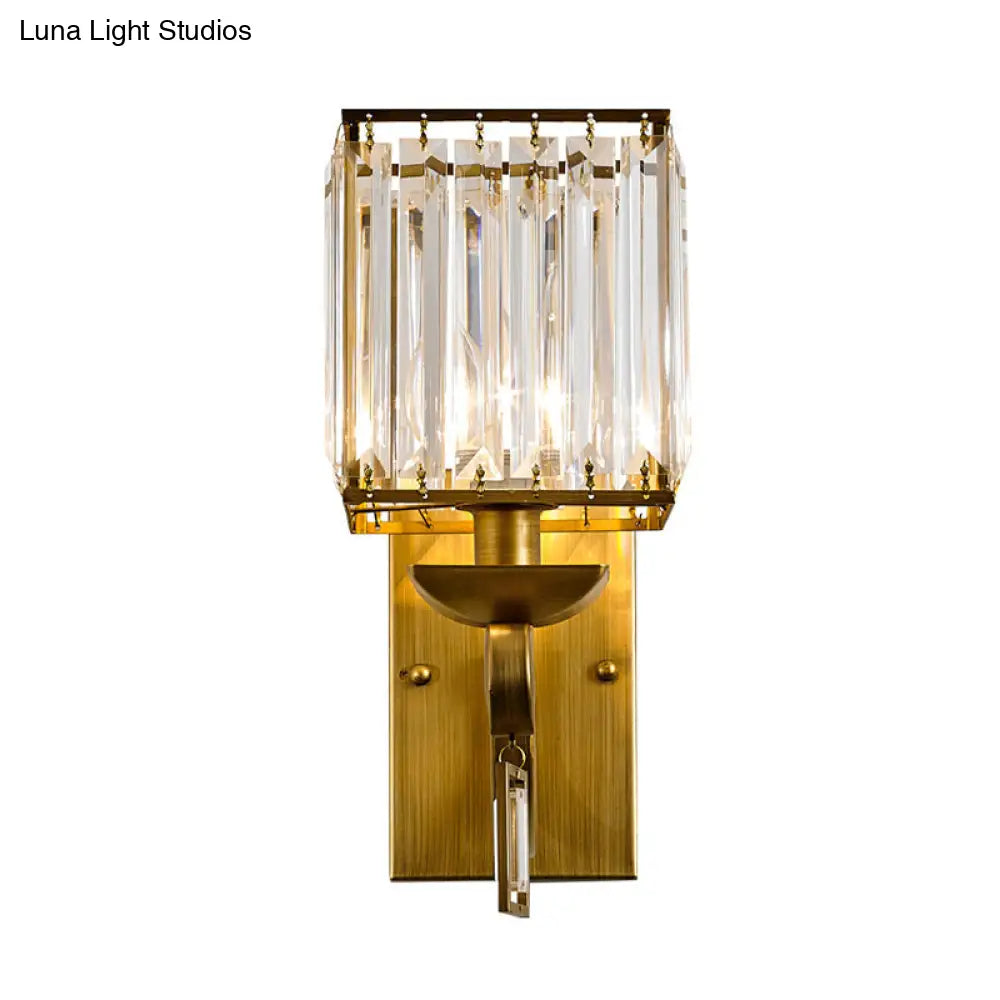 Modern Cuboid Wall Light Sconce With Crystal Block 1-Bulb Brass Fixture