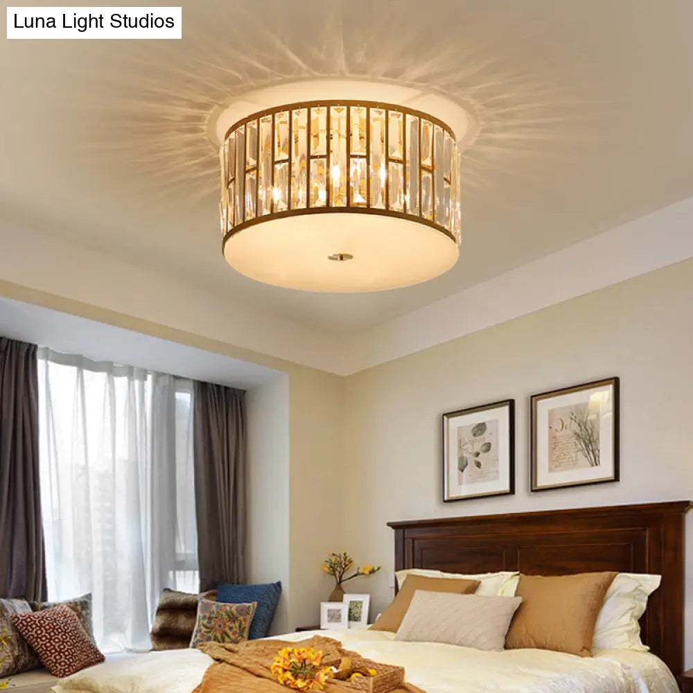Modern Cut Crystal Gold Drum Flush Mount Ceiling Light With Opal Glass Diffuser - 5 Bulbs 3 Sizes