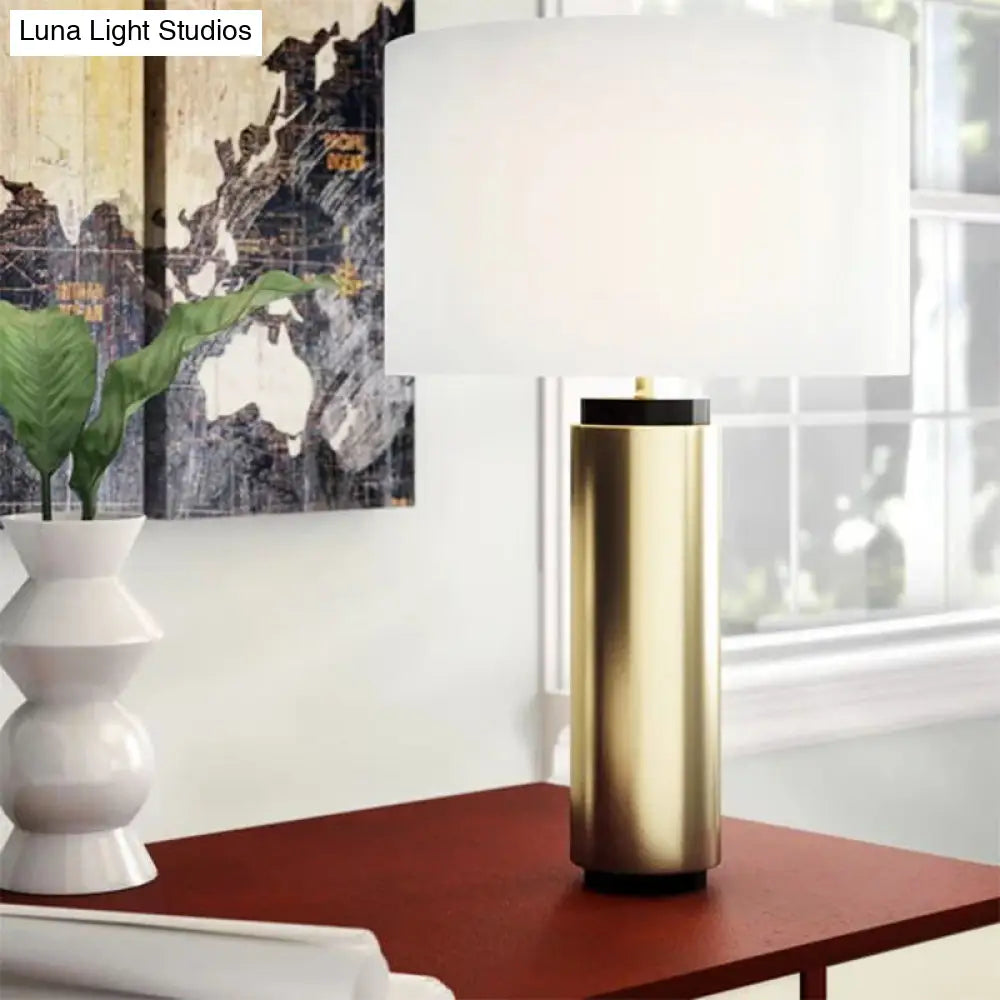 Modern Cylindrical Desk Lamp - White Fabric Shade Gold Metal Base
