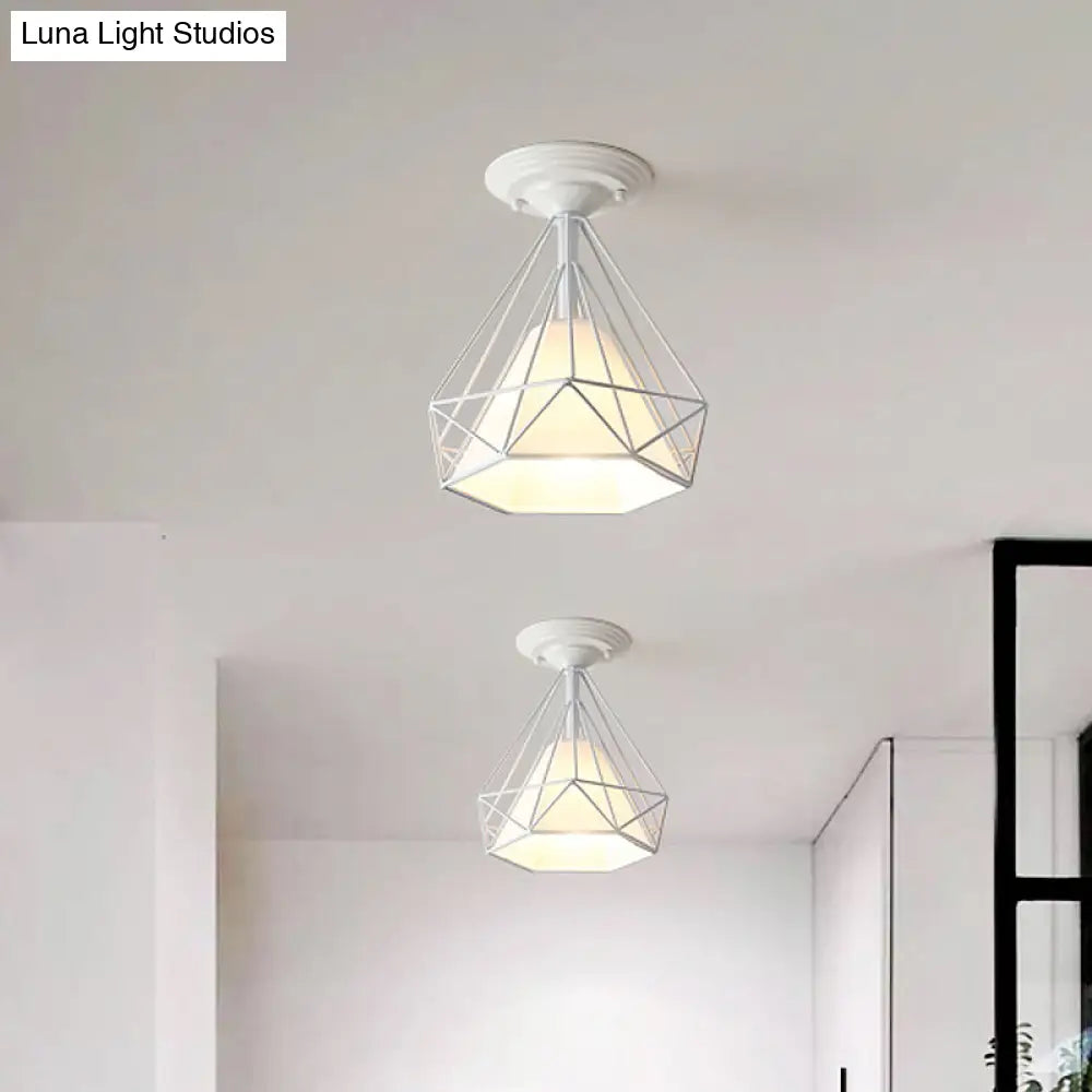 Modern Diamond Wire Guard Ceiling Lamp - Iron Glass Mount Light For Corridor Room