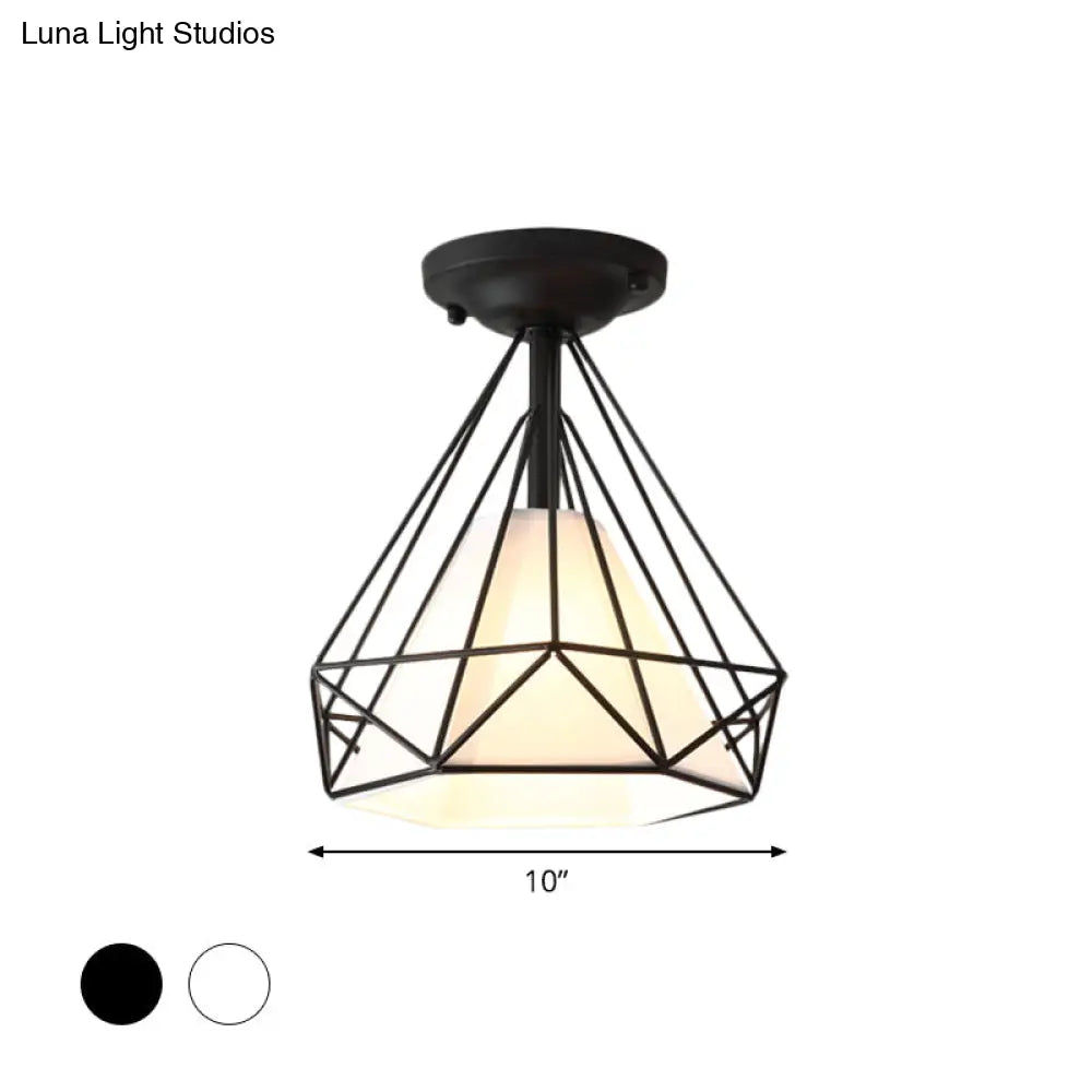 Modern Diamond Wire Guard Ceiling Lamp - Iron Glass Mount Light For Corridor Room