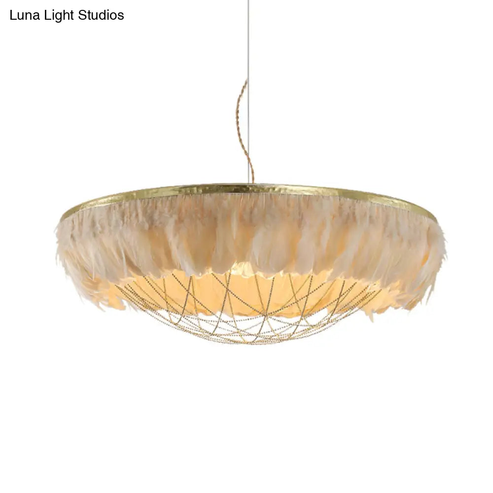 Modern Dome Cage Metallic Chandelier: Gold 2-Bulb Ceiling Lamp With Feather Deco - White Grey Pink