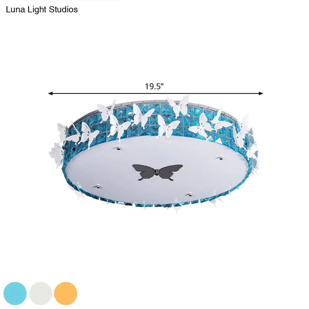 Modern Drum Led Flushmount Lighting With Clear/Amber/Lake Blue Crystal Bedroom Ceiling Fixture -