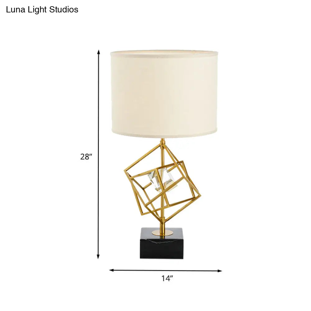 Modern Drum Task Lamp With Gold 1-Head Fabric Reading Light And Black Marble Base