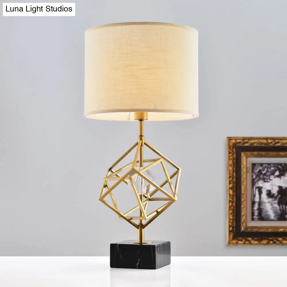 Modern Drum Task Lamp With Gold 1-Head Fabric Reading Light And Black Marble Base