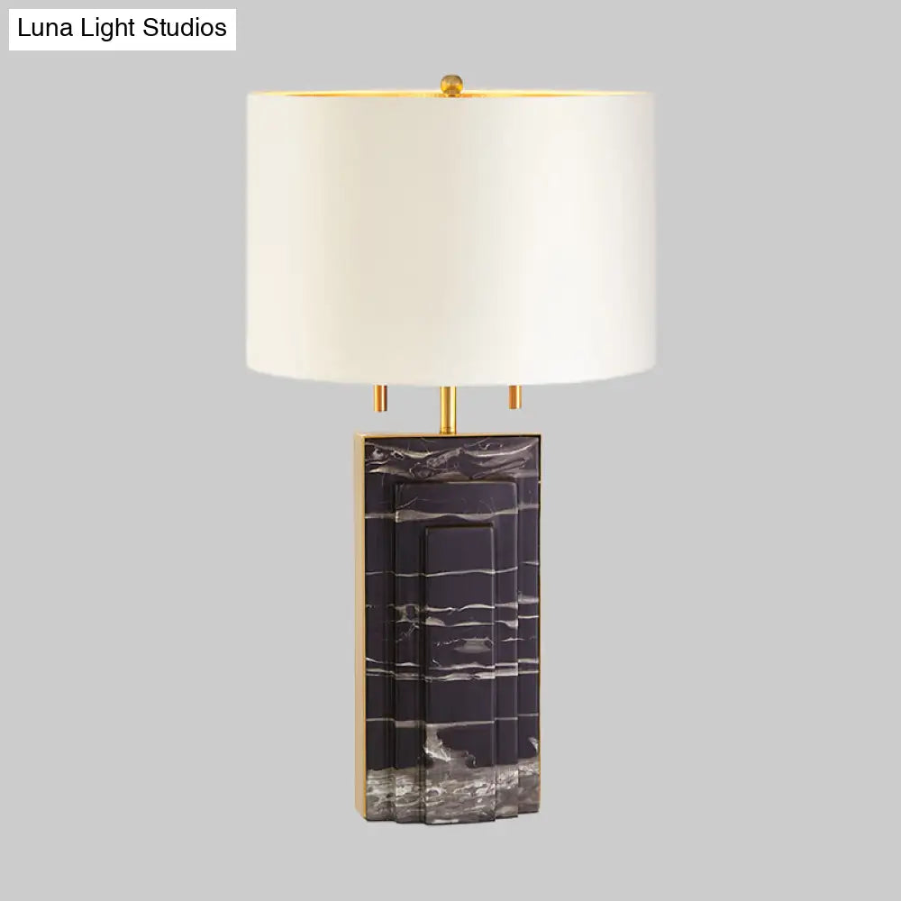 Modern Fabric Shade Desk Lamp - Straight Sided White 2-Bulb Task Light With Pull Chain