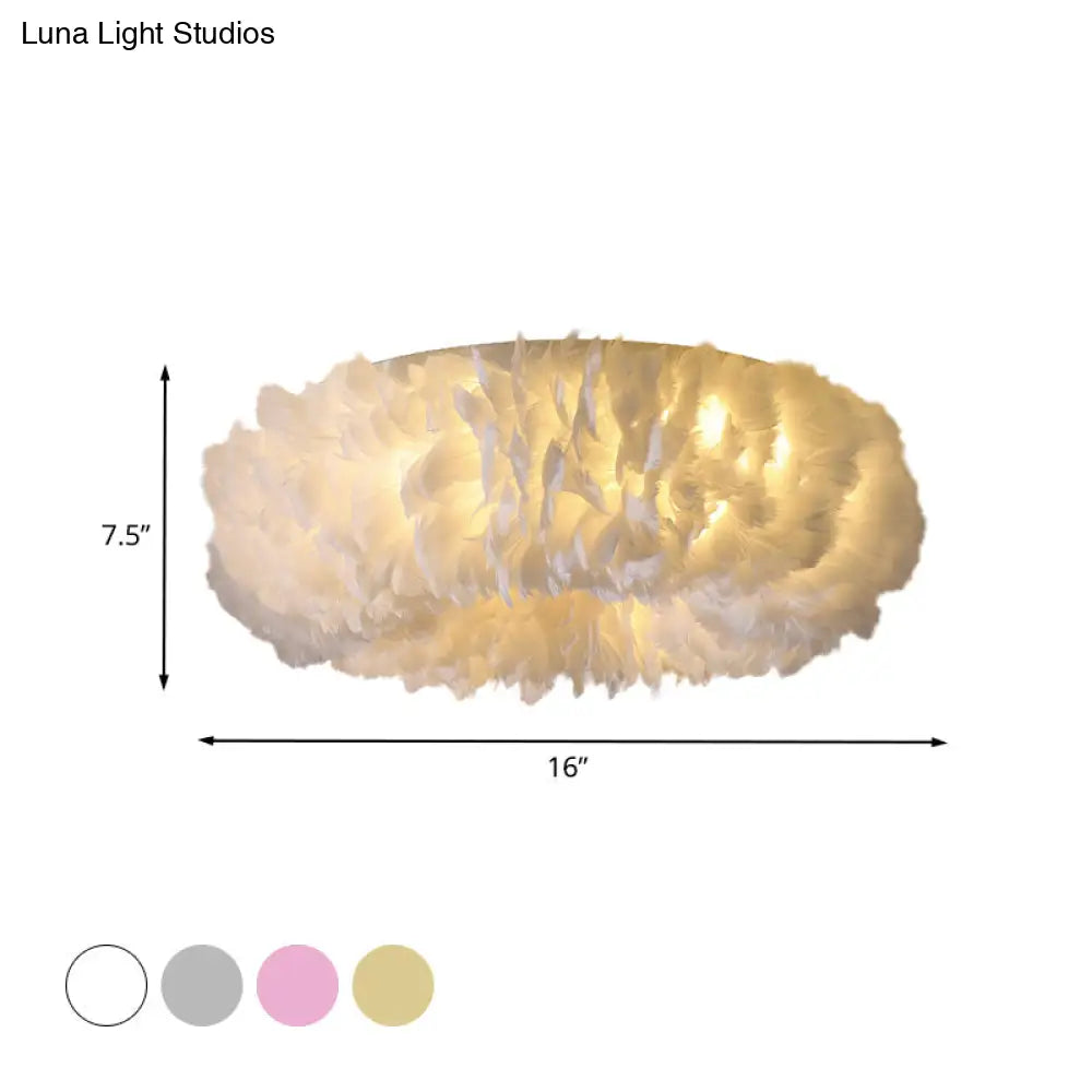 Modern Feather Flushmount Ceiling Light With 3/6 Fabric Heads In White/Grey/Pink For Bedroom