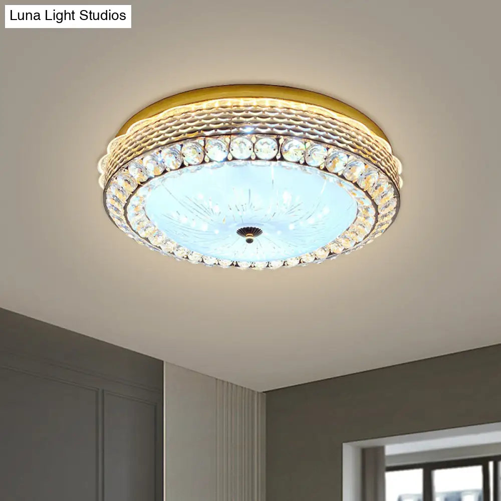 Modern Fishscale/Net Design Gold Drum Led Flushmount With Crystal Accents For Bedroom Ceiling