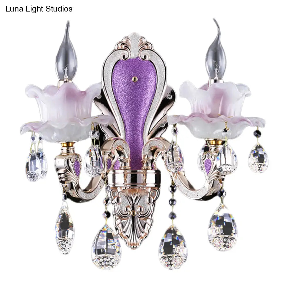 Modern Frosted Glass Purple Wall Sconce Light With Teardrop Crystal Drops - Ruffle Design