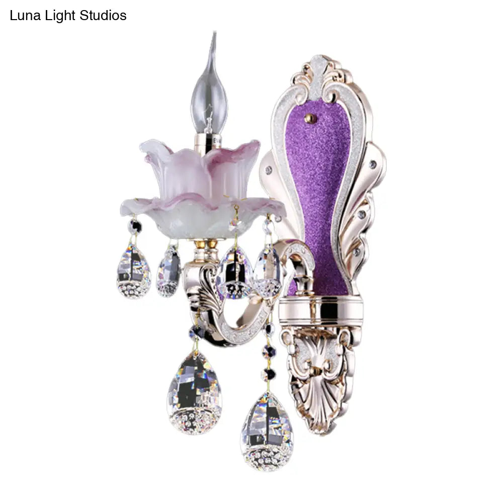 Modern Frosted Glass Purple Wall Sconce Light With Teardrop Crystal Drops - Ruffle Design