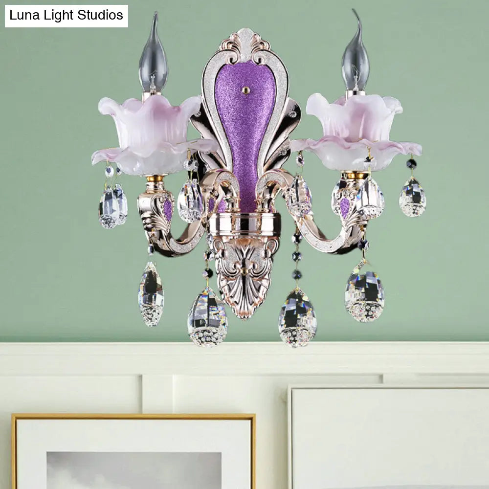 Modern Frosted Glass Purple Wall Sconce Light With Teardrop Crystal Drops - Ruffle Design