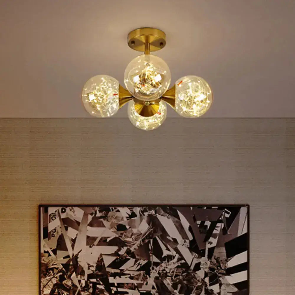 Modern Glass Semi Flush Mount Ceiling Light With Spherical Led Bulbs - 4-Light Bedroom Fixture Gold