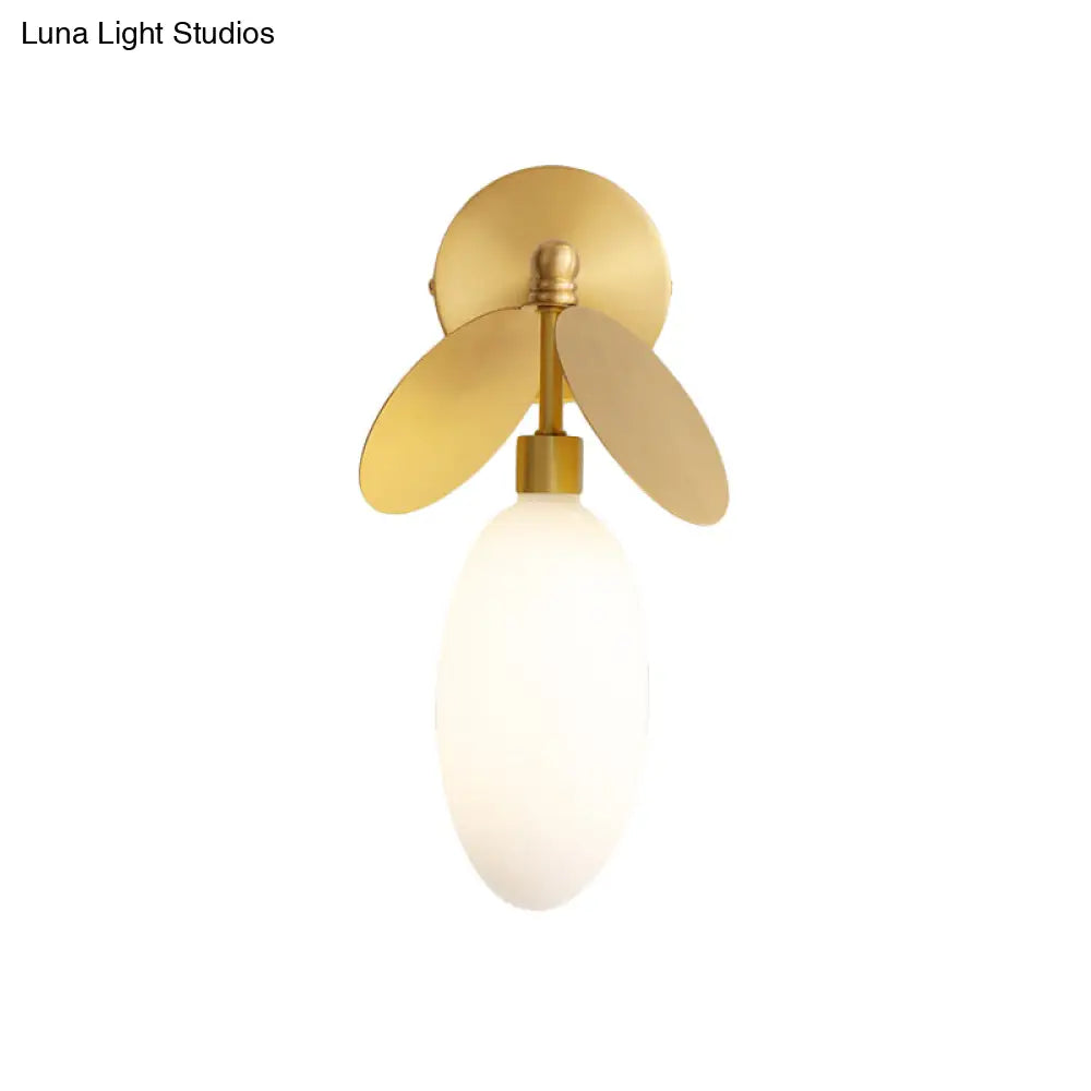 Modern Globe/Oval Wall Mount Lamp With Cream Glass - Brass Bedside Light Leaf Deco