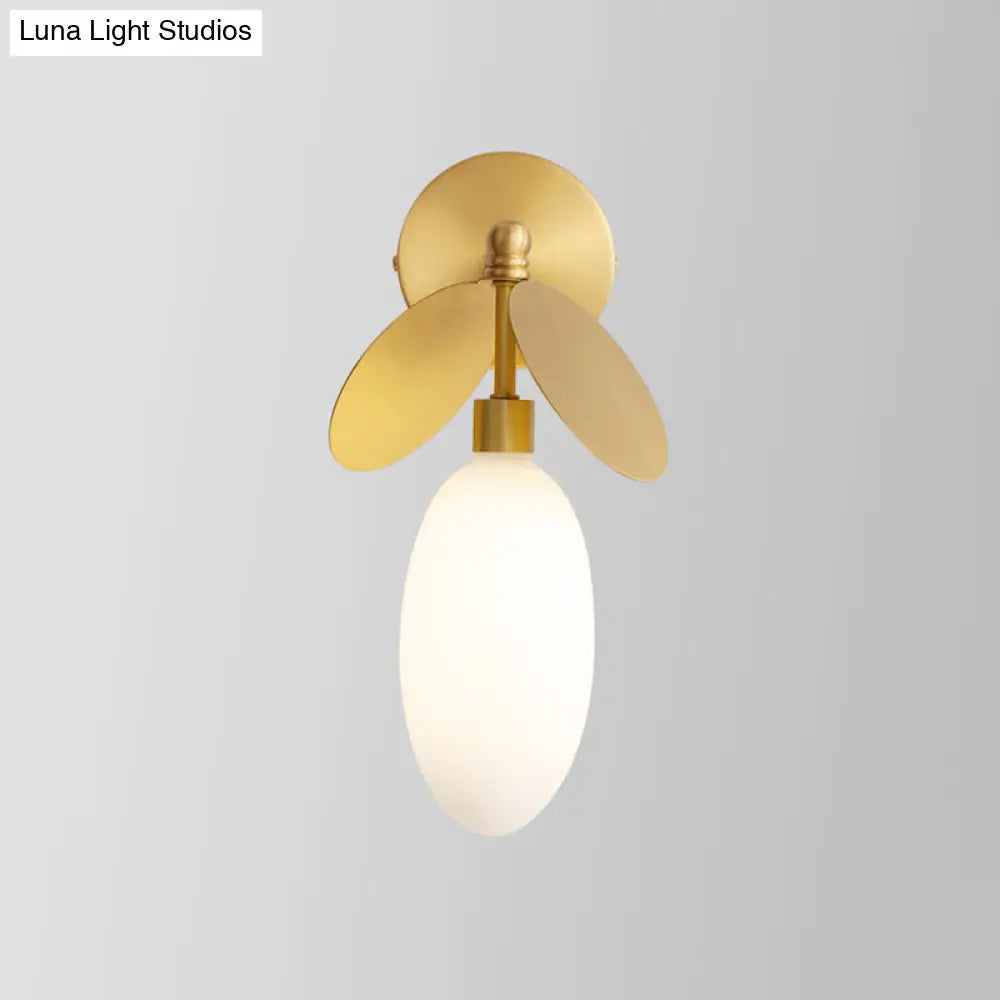 Modern Globe/Oval Wall Mount Lamp With Cream Glass - Brass Bedside Light Leaf Deco