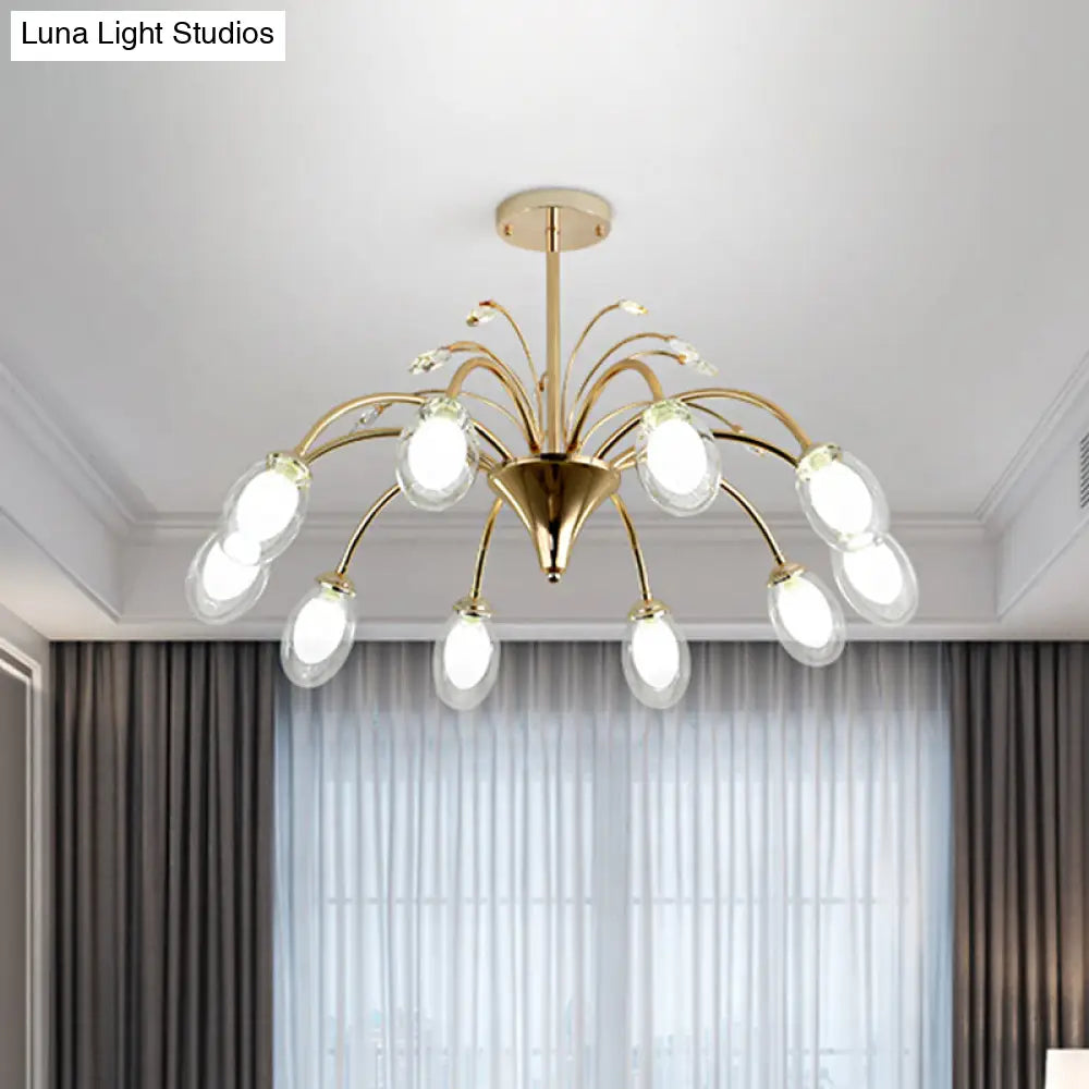 Modern Gold Chandelier Lamp With Oval Glass Shades - 6/8/10 Head Ceiling Light