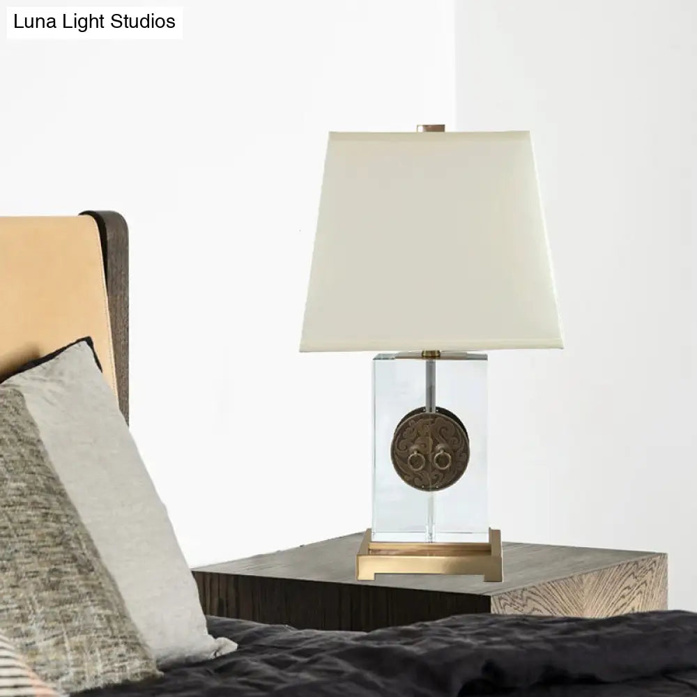 Modern Gold Crystal Desk Lamp With Rectangular Fabric Shade - 1 Bulb Night Table Light