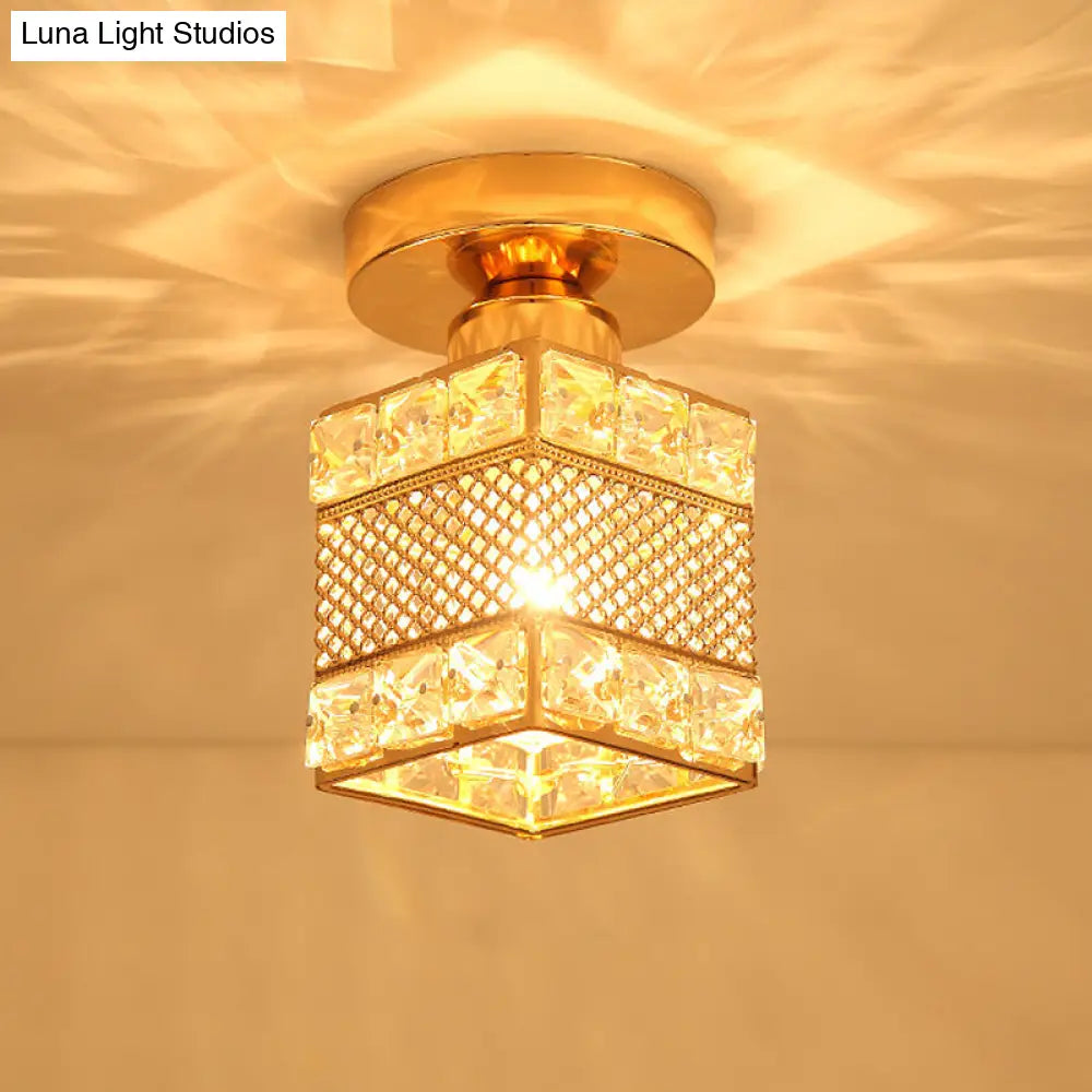 Modern Gold Crystal Shade Balcony Semi Mount Lighting - Globe/Square/Lantern Design Close To Ceiling