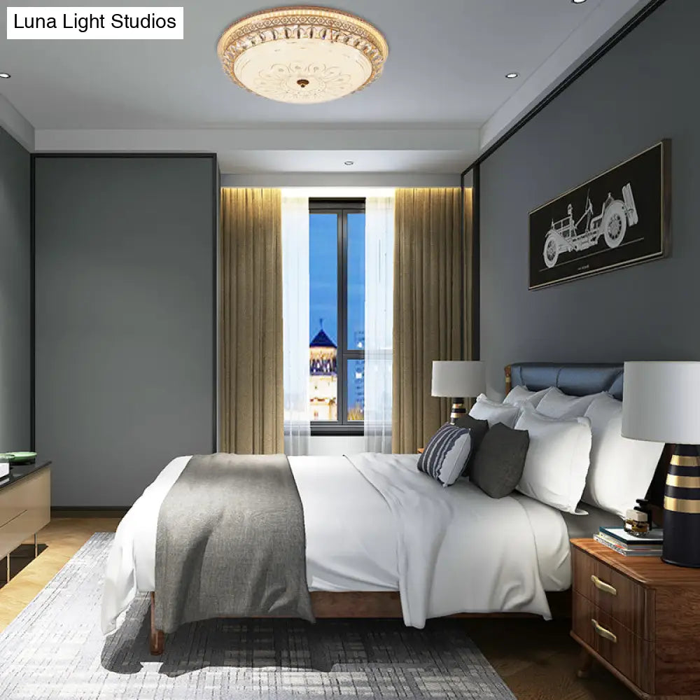 Modern Gold Flush Mount Ceiling Light With Opal Glass Led And Crystal Accent - 16’/19.5’ W