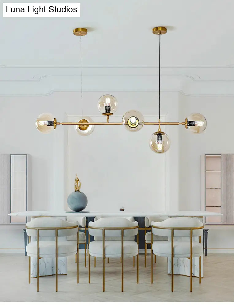 Modern Gold Island Pendant Light With 6 Lights - Spherical Glass Ceiling Fixture For Dining Table