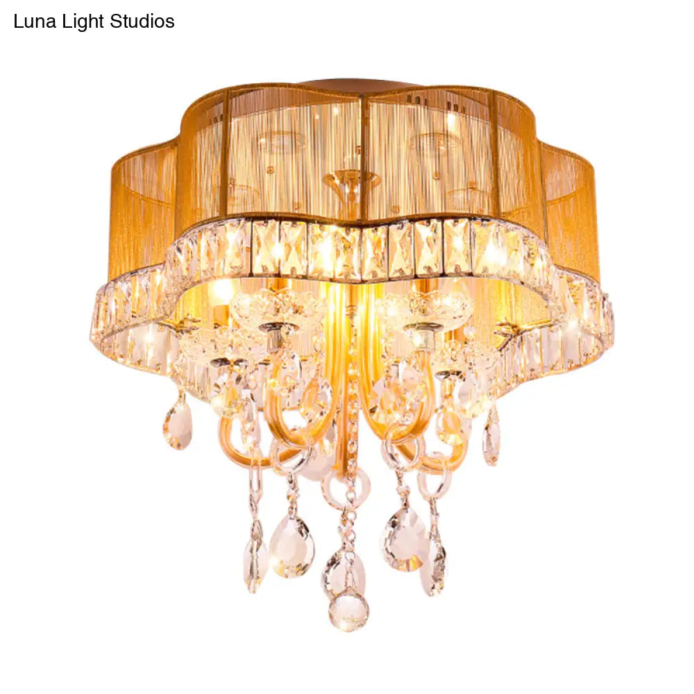 Modern Gold/Red Led Floral Bedroom Ceiling Light With Crystal Accent