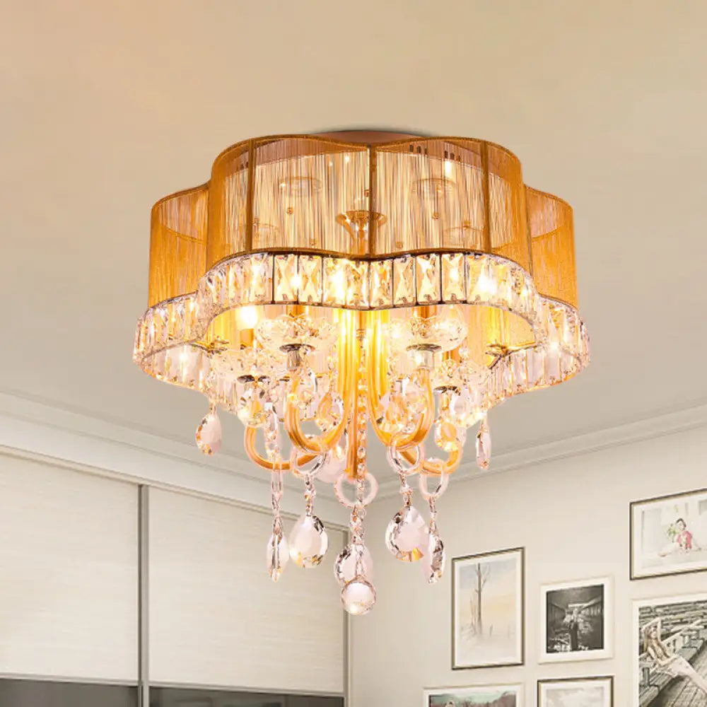 Modern Gold/Red Led Floral Bedroom Ceiling Light With Crystal Accent Gold